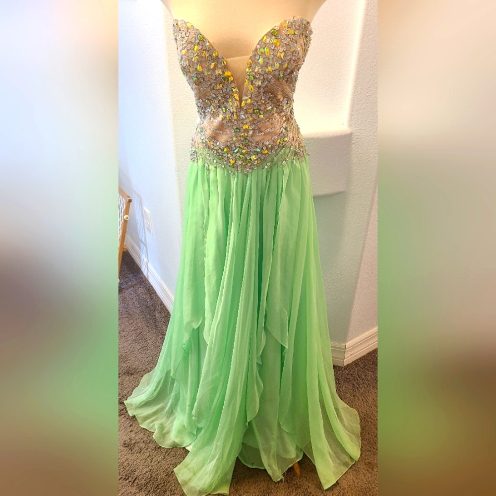 Fabuluxe Couture Green Chiffon Dress with Crystal Corsetted Bodice Size 14